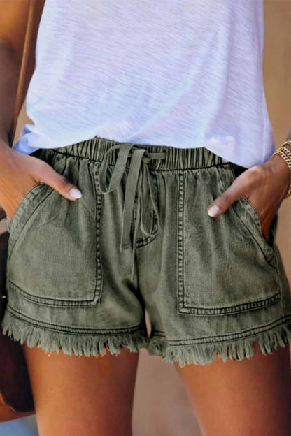 Lace-up Fringed Thin Denim Shorts