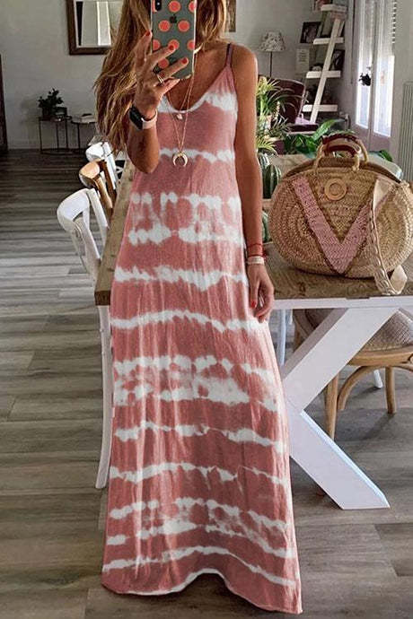 V Neck Spaghetti Strap Tie-Dye Casual Maxi Dress(3 Colors)