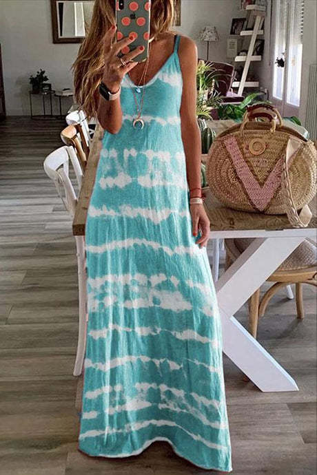 V Neck Spaghetti Strap Tie-Dye Casual Maxi Dress(3 Colors)