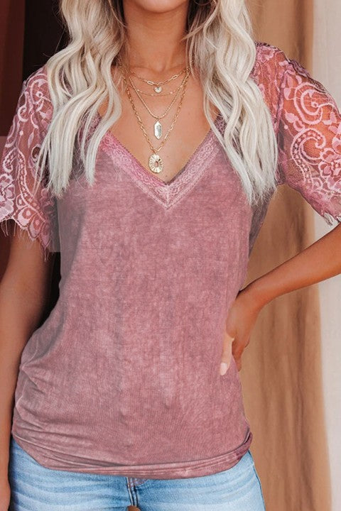 New Women's Lace Short Sleeve V-Neck Tops(3 Colors)