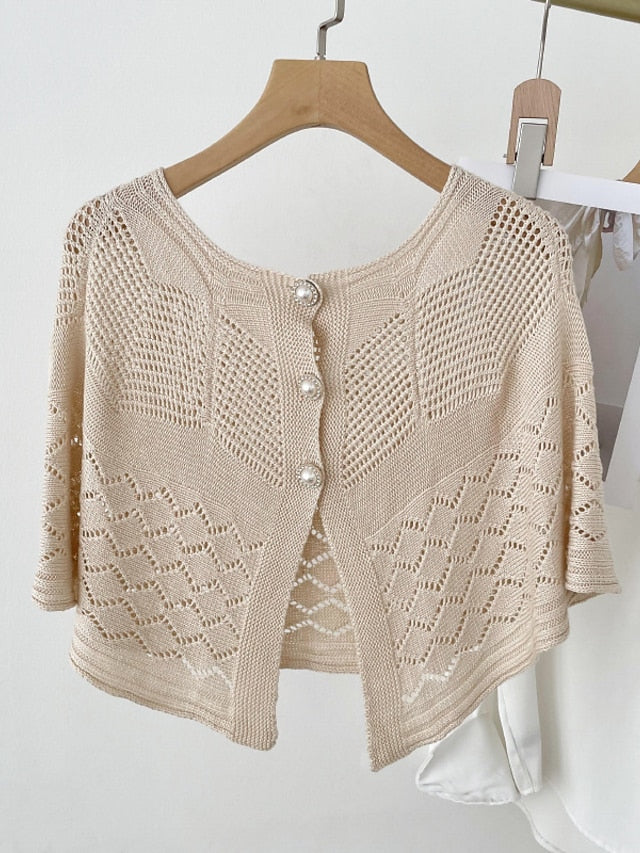 Solid Color Knitted Hollow Shawl Summer Air-conditioned Elegant Vest with Pearl Button Cape Sunscreen Fake Collar for Women