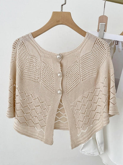 Solid Color Knitted Hollow Shawl Summer Air-conditioned Elegant Vest with Pearl Button Cape Sunscreen Fake Collar for Women