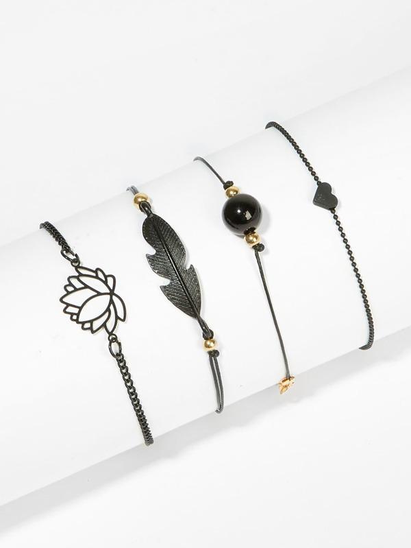 Lotus & Feather Bracelet Set 4pcs for Women