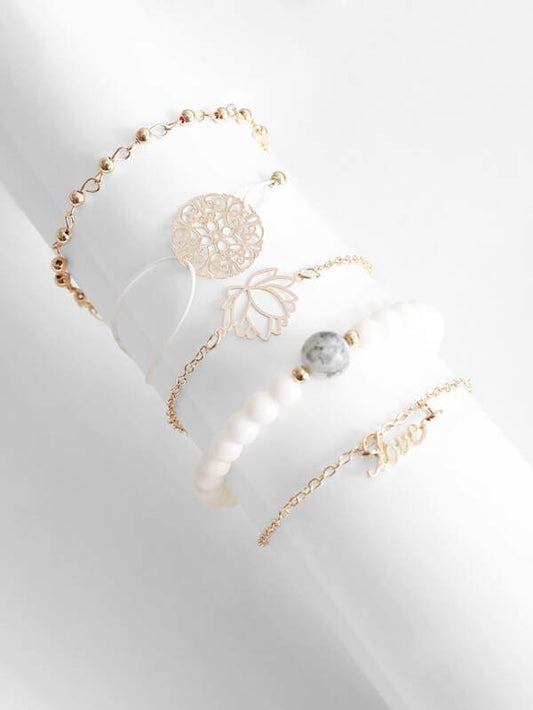 Lotus & Letter Detail Chain Bracelet 5pcs for Women