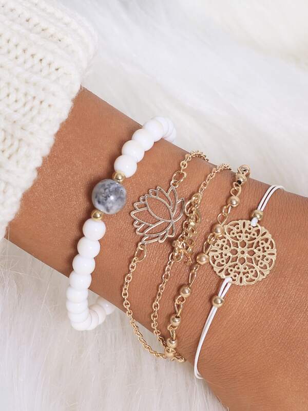Lotus & Letter Detail Chain Bracelet 5pcs for Women