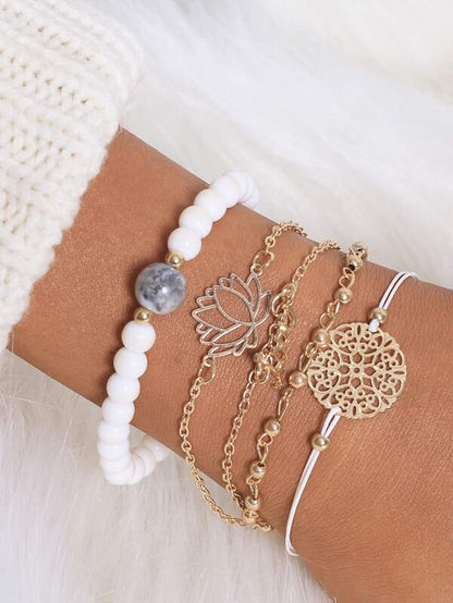 Lotus & Letter Detail Chain Bracelet 5pcs for Women