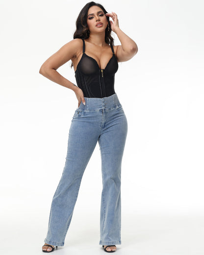 Three-Button Elastic Waist Flared Pants