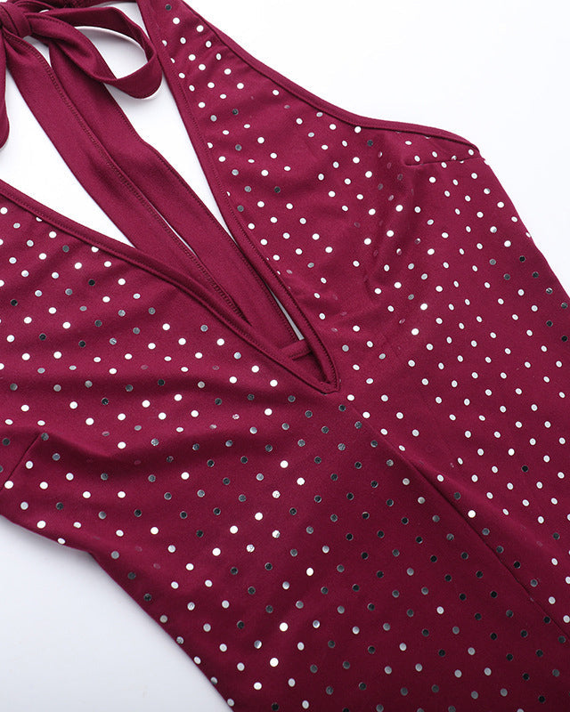 Slim Fit Deep V Jumpsuit With Rhinestones