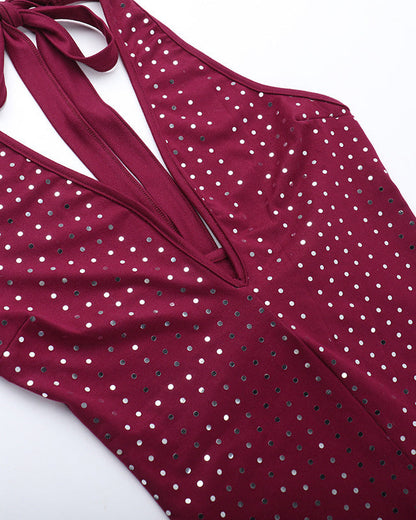 Slim Fit Deep V Jumpsuit With Rhinestones