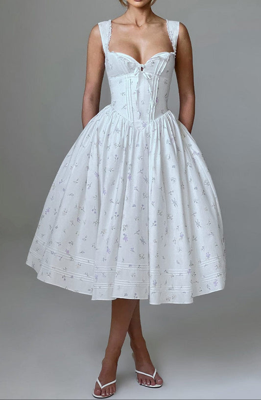 Romanadia Midi Dress - White Multi Floral Print