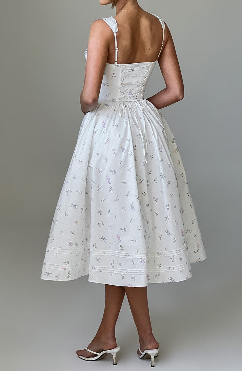 Romanadia Midi Dress - White Multi Floral Print