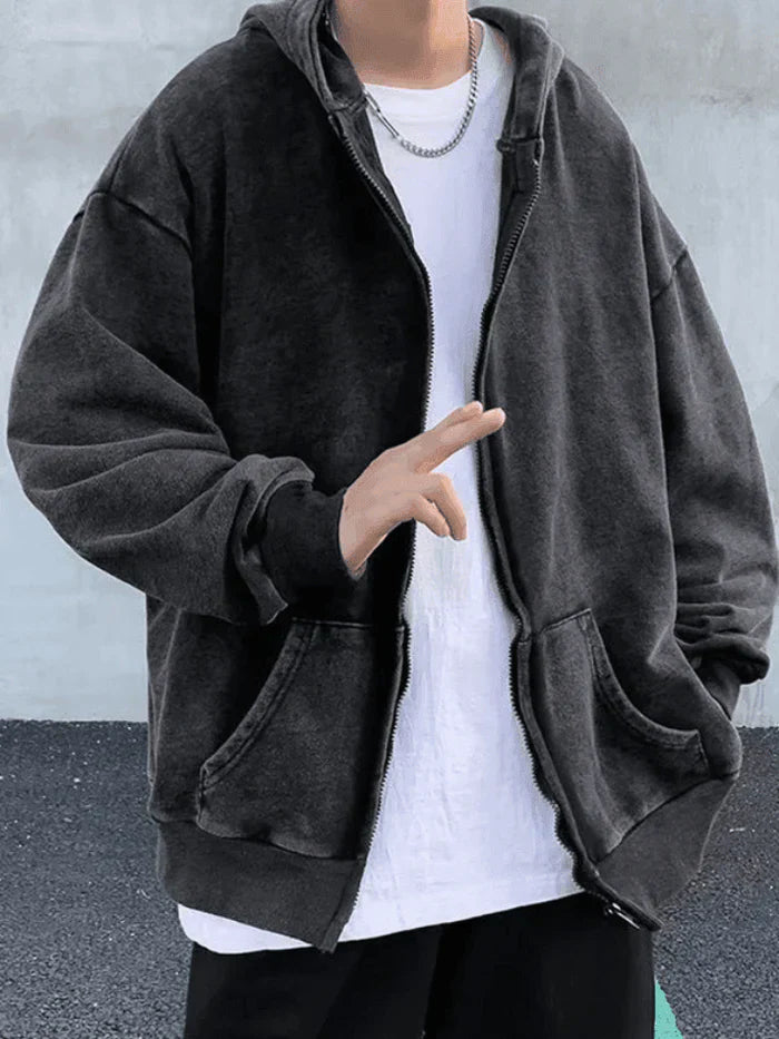 Dark Vintage Oversized Wash Zip Up Hoodie Men
