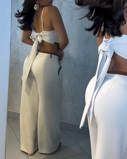 Spliced Lace-Up High-Waisted Straight-Leg Pants Set (Pre-Sale)