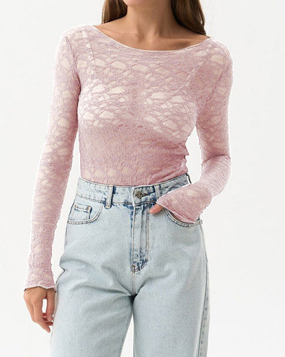 Solid Color Round Neck Lace Long Sleeve Top