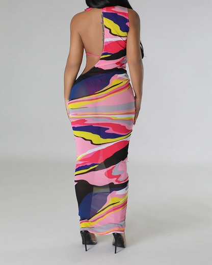Printed Mesh Maxi Dress Set
