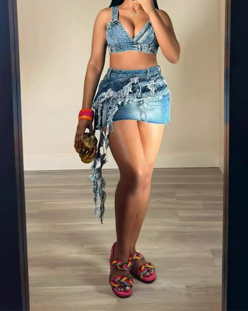 Fringed Stretch Denim Skirt Set