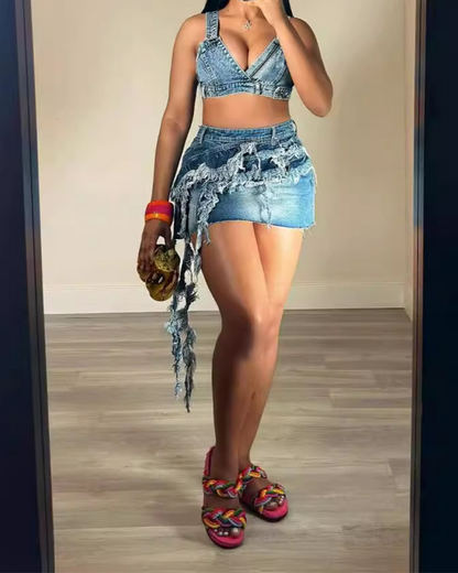 Fringed Stretch Denim Skirt Set