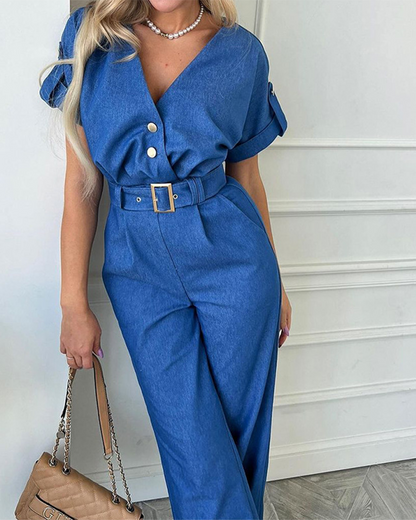 V-Neck Short Sleeve Straight Jumpsuits