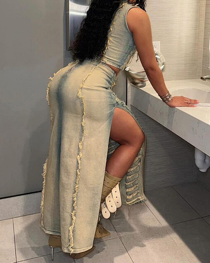 Denim Ripped Skirt Suit