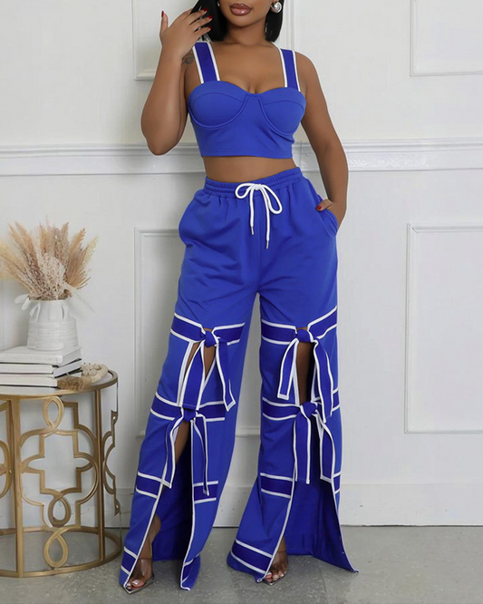 Lace-Up Loose Wide-Leg Pants Suit