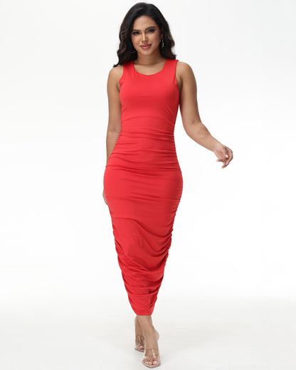 Pleated Fitted Long Casual Dress