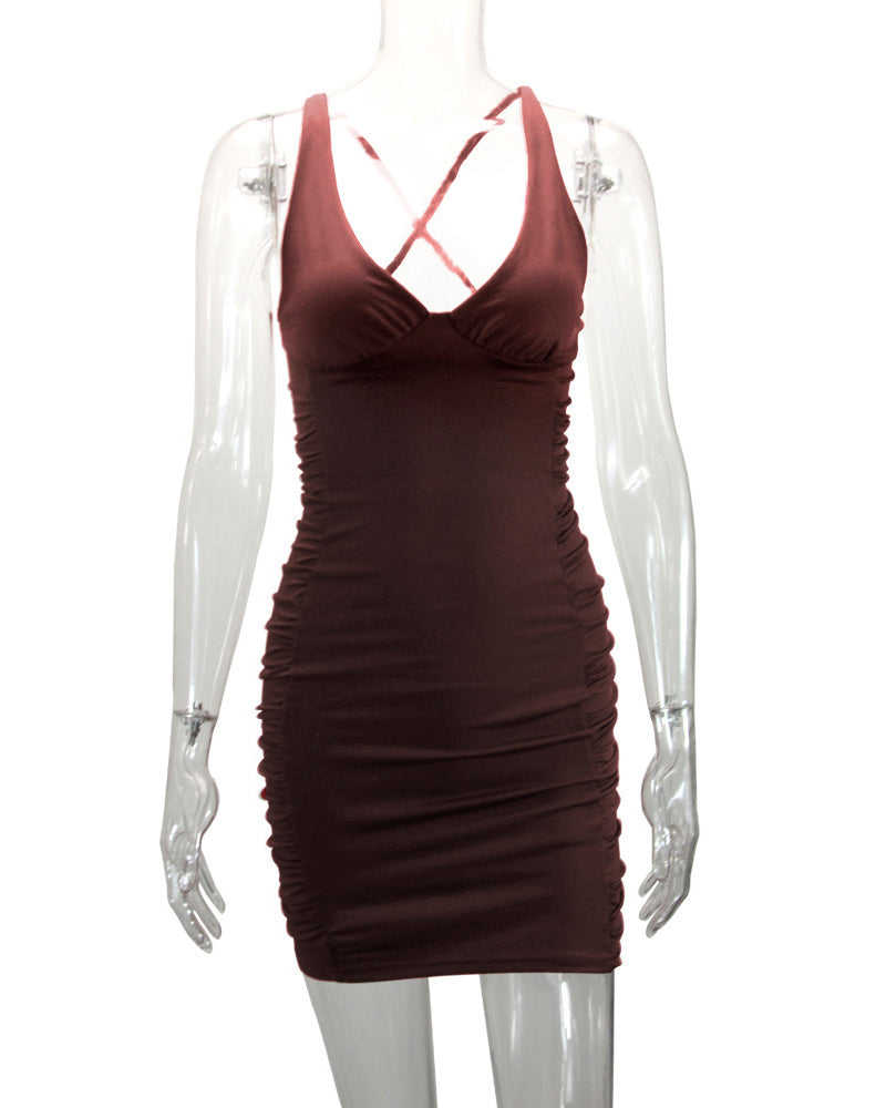 V-Neck Open Back Pleated Hip Dress