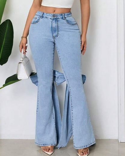 High-Waisted Bow-Embellished Flared Jeans