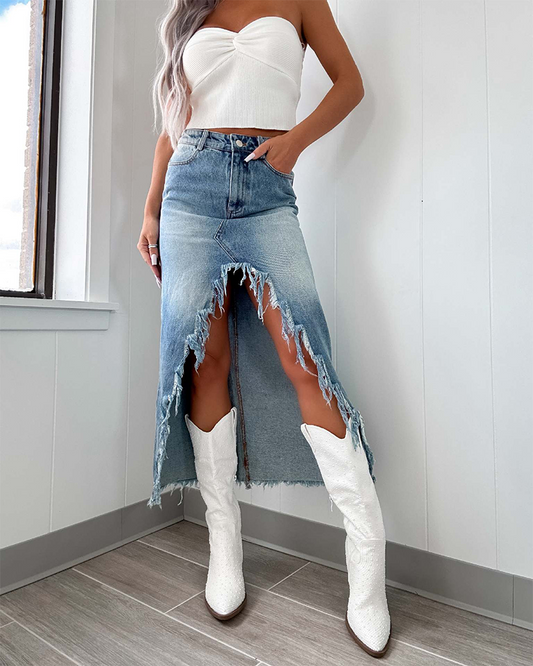Irregular Raw Edge Denim Skirt
