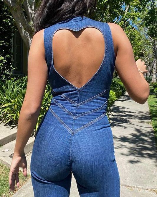 Sleeveless Openback High Waist Denim Jumpsuit