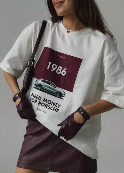 1986 Porsche Graphic Tee – Oversized White T-Shirt for Women
