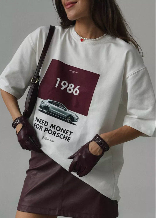 1986 Porsche Graphic Tee – Oversized White T-Shirt for Women