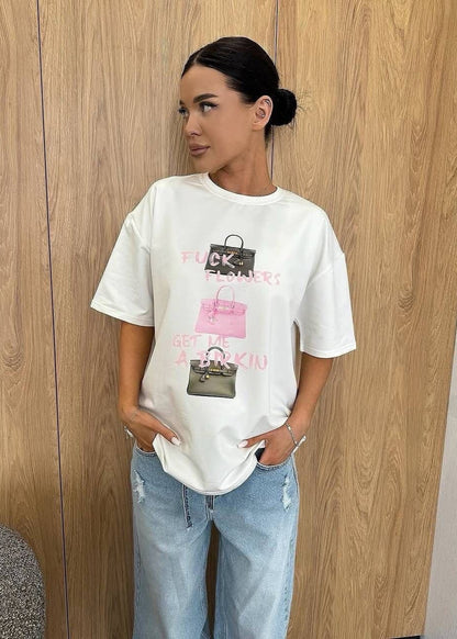 Birkin Statement Tee – Oversized White T-Shirt with Graphic Bag Print