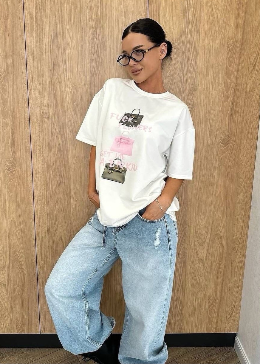 Birkin Statement Tee – Oversized White T-Shirt with Graphic Bag Print