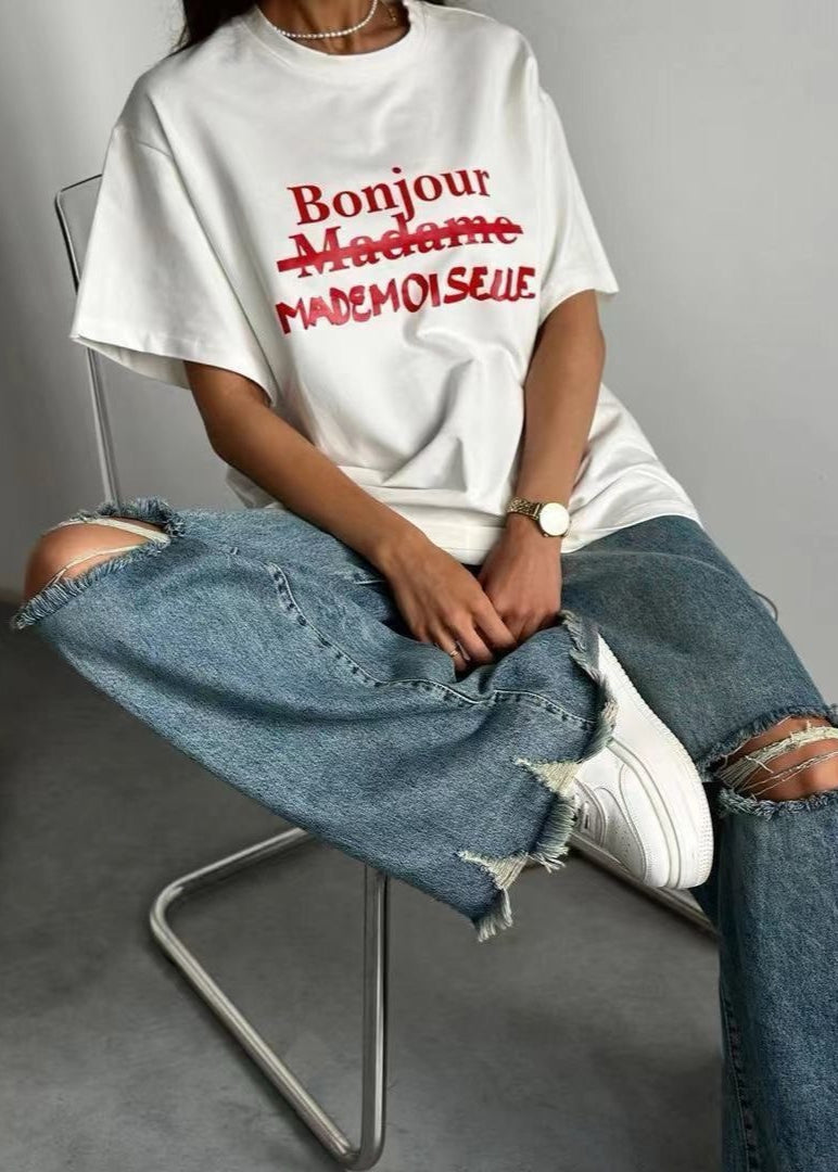 Bonjour Mademoiselle Tee – Oversized White Graphic T-Shirt with French Text