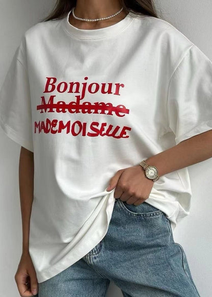 Bonjour Mademoiselle Tee – Oversized White Graphic T-Shirt with French Text
