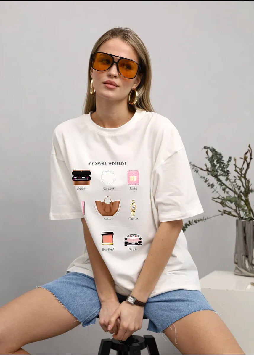 Wishlist Oversized Tee – White Graphic T-Shirt with “My Small Wish List” Print