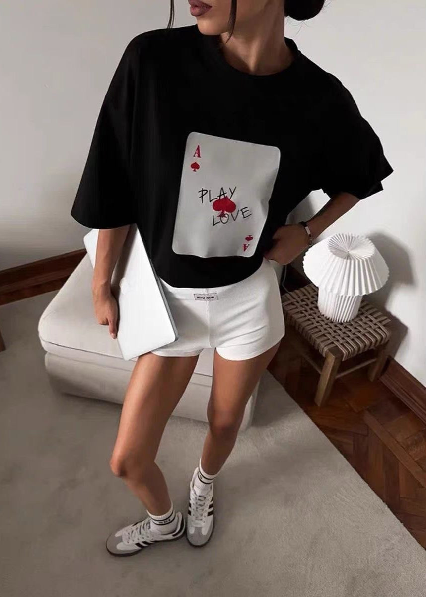 Play Love Oversized Tee – White Graphic T-Shirt with Ace Card Print