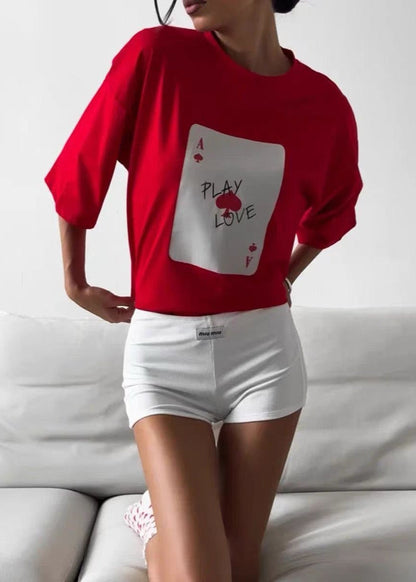Play Love Oversized Tee – White Graphic T-Shirt with Ace Card Print