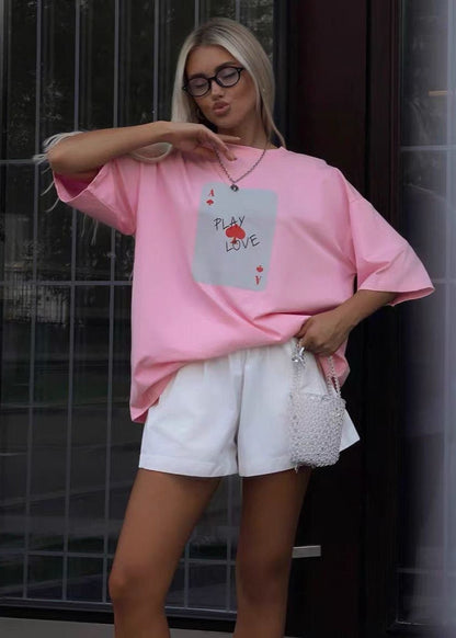 Play Love Oversized Tee – White Graphic T-Shirt with Ace Card Print