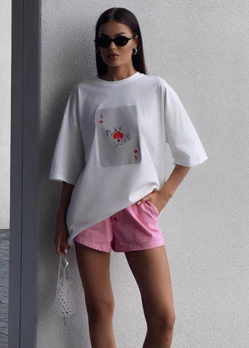 Play Love Oversized Tee – White Graphic T-Shirt with Ace Card Print