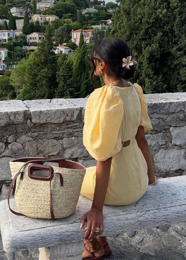 Solène – Puff Sleeve Linen Midi Dress