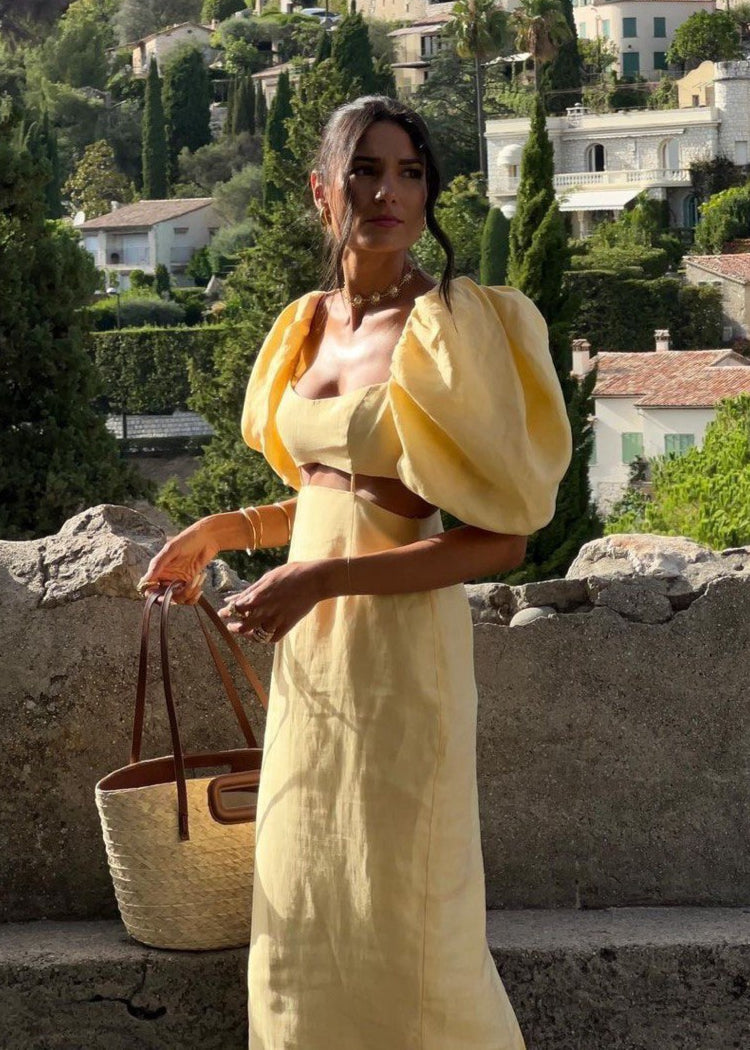 Solène – Puff Sleeve Linen Midi Dress