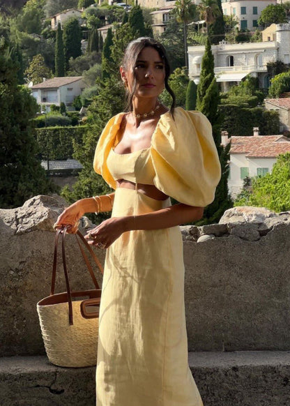 Solène – Puff Sleeve Linen Midi Dress