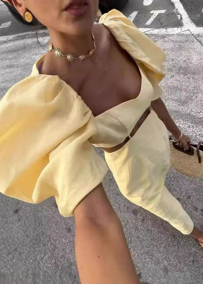 Solène – Puff Sleeve Linen Midi Dress