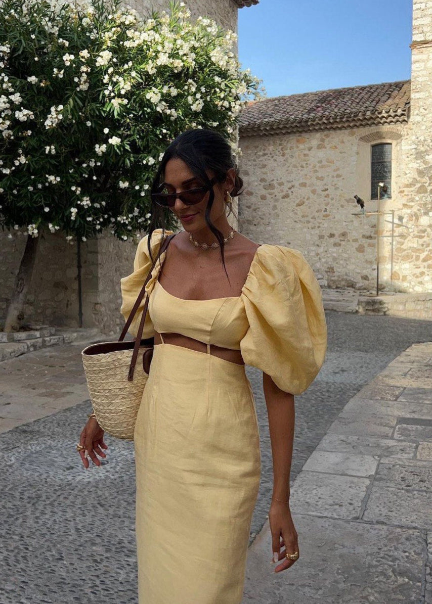 Solène – Puff Sleeve Linen Midi Dress