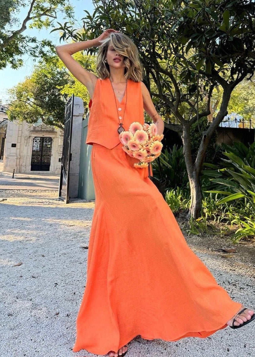 Solara - Sleeveless Linen Vest & Maxi Skirt Set
