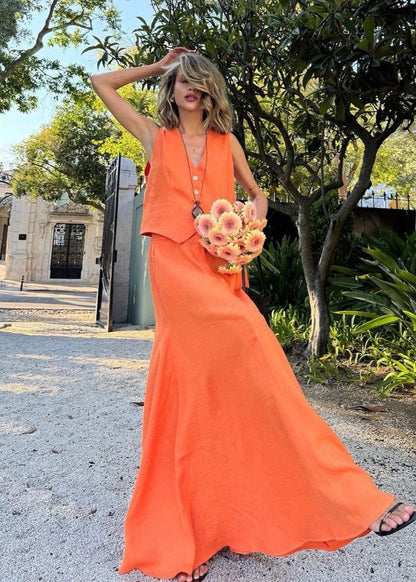 Solara - Sleeveless Linen Vest & Maxi Skirt Set