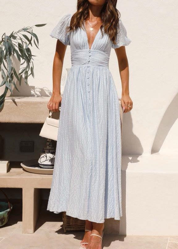 Azure Bloom – Buttoned V-Neck Midi Dress with Flutter Sleeves