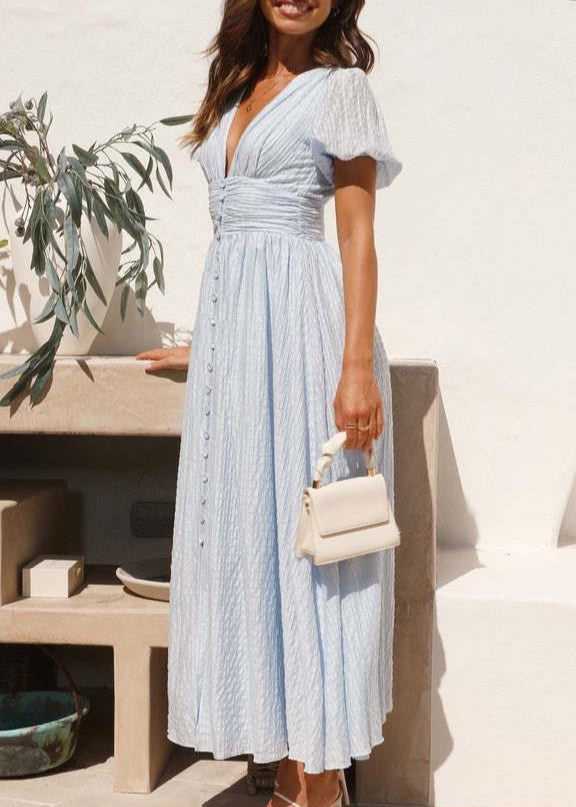 Azure Bloom – Buttoned V-Neck Midi Dress with Flutter Sleeves