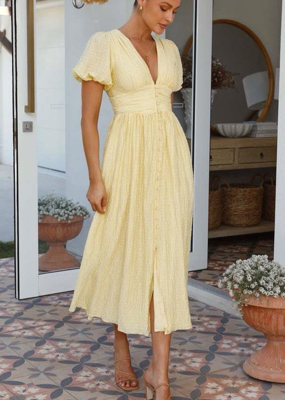 Lemonlight Smocked Midi Dress - Puff Sleeve Summer Essential